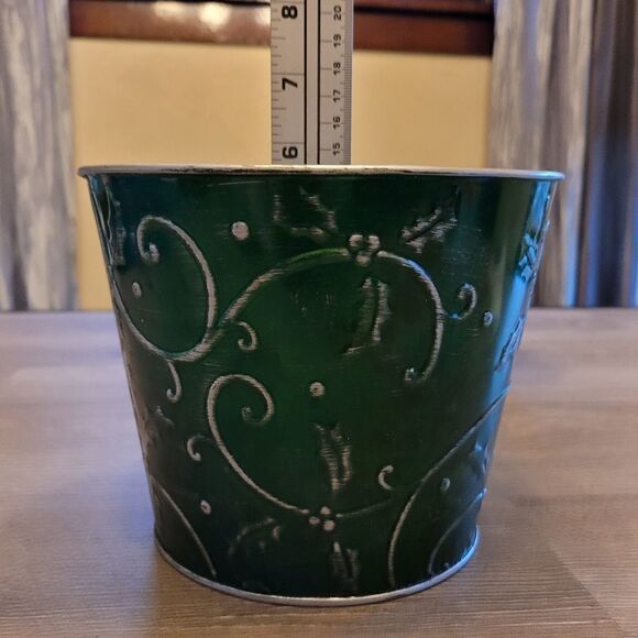 New Set of 2 Distressed Metallic Green and Silver Planters Christmas Holiday - Picture 2 of 6